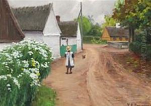 Village Street With A Little Girl And Blooming Daisies