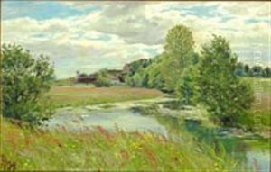 Summer Day Near Odense River With Dalum Monastery In The Background Summer Day Near Odense River With Dalum Monastery In The Background