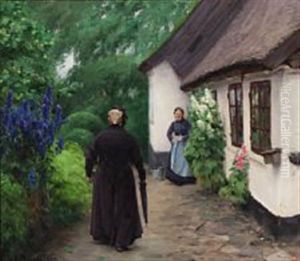 Two Elderly Women In Front Of A Cottage On A Quiet Summer Day