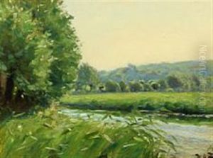 Scene From A Stream With Reeds And Forest