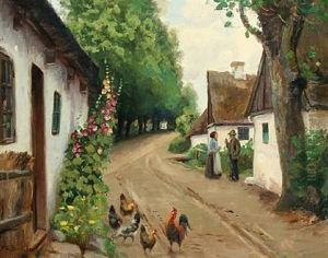 Village Scene With Conversation And A Flock Of Chicken by Hans Andersen Brendekilde
