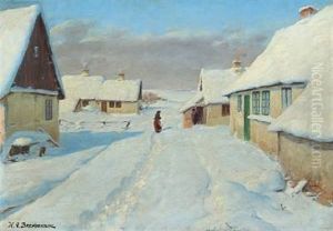 Sunny Winter Landscape With Two People In Conversation by Hans Andersen Brendekilde