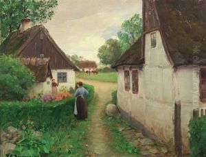 Village Scenery With Conversation Over The Hedge On A Nice Summer Day by Hans Andersen Brendekilde