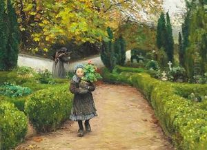 A Little Girl With Flowers At Ronnebaek Churchyard Near Naestved by Hans Andersen Brendekilde