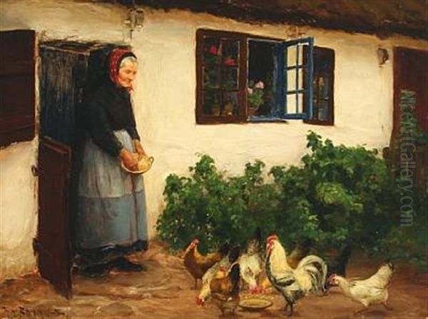 An Old Woman Is Feeding Her Chicken In Front Of A White House - view 1