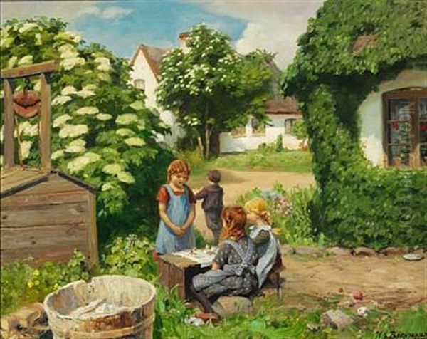 Little Girls Having A Tea Party Among Elder Bushes In Bloom - view 1