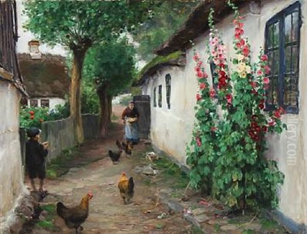 An Old Woman Feeding Chickens Outside Her House - view 1