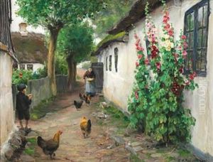 An Old Woman Feeding Chickens Outside Her House While A Little Boy Is Watching by Hans Andersen Brendekilde