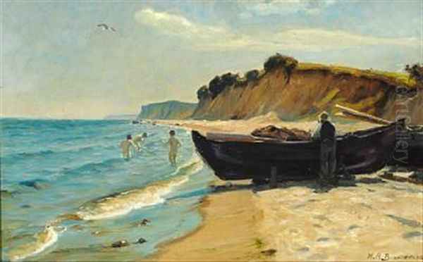 Summer Day At The Beach With Boys Bathing And A Fisherman At His Boat - view 1