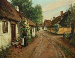 Village Scenery With A Woman Feeding The Hens