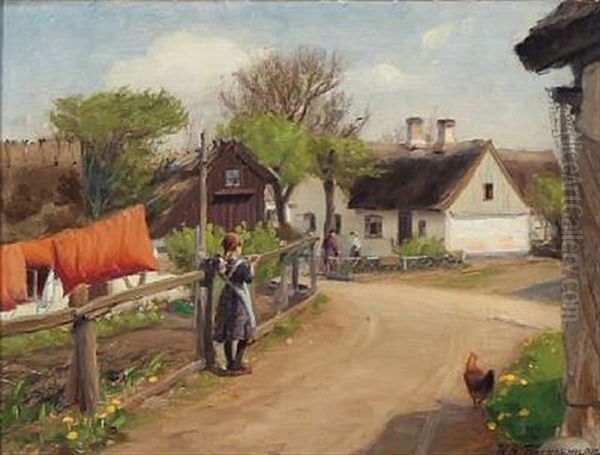 Spring In The Village With Yellow Dandelions And Red Quilts Hanging In The Fresh Air - view 1