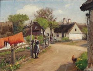 Spring In The Village With Yellow Dandelions And Red Quilts Hanging In The Fresh Air