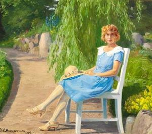Young Woman In A Light Blue Summer Dress In The Park by Hans Andersen Brendekilde