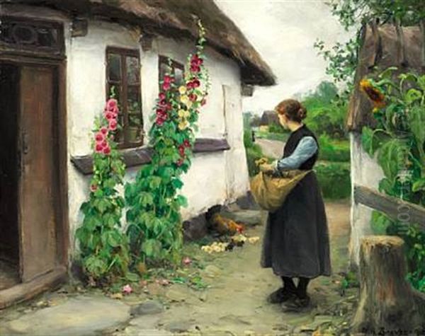 A Girl Is Looking At A Hen With Chickens - view 1
