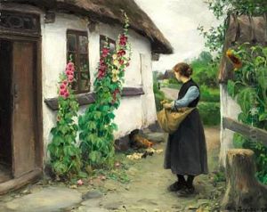 A Girl Is Looking At A Hen With Chickens by Hans Andersen Brendekilde