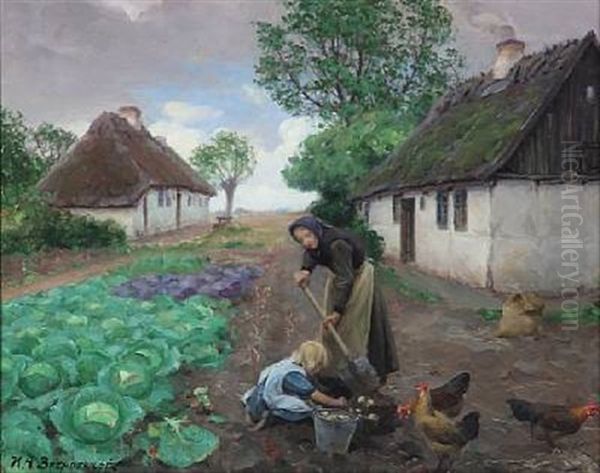 Grandmother And Granddaughter Are Digging Potatoes Near A Thatched Cottage - view 1