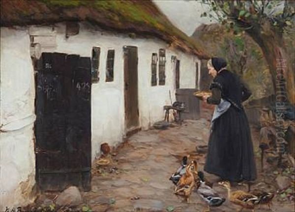 A Peasant Woman Feeding Ducks At A Whitewashed Farmhouse - view 1