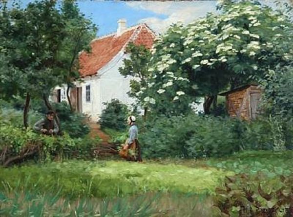 Danish Summer Idyll With Old Folks Talking At The White Country House - view 1