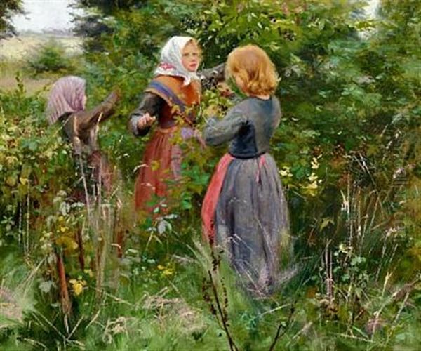 Three Little Girls Picking Blackberries - view 1