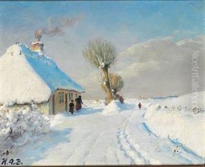 Sunny Winter Day With Mother And Child In Front Of A Cottage by Hans Andersen Brendekilde
