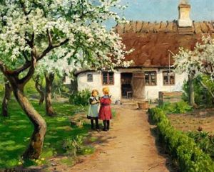 Two Little Girls In The Garden With A Kitten Under A Fruit Tree In Bloom by Hans Andersen Brendekilde