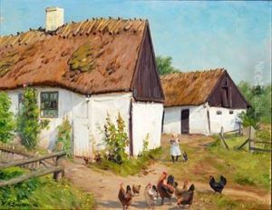 A Little Girl With A Cat And Chickens Near A Whitewashed Cottage With Thatched Roof