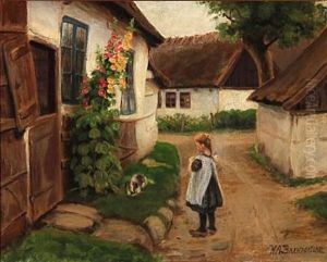 Village Scene With A Girl Playing With Her Dog Village Scene With A Girl Playing With Her Dog