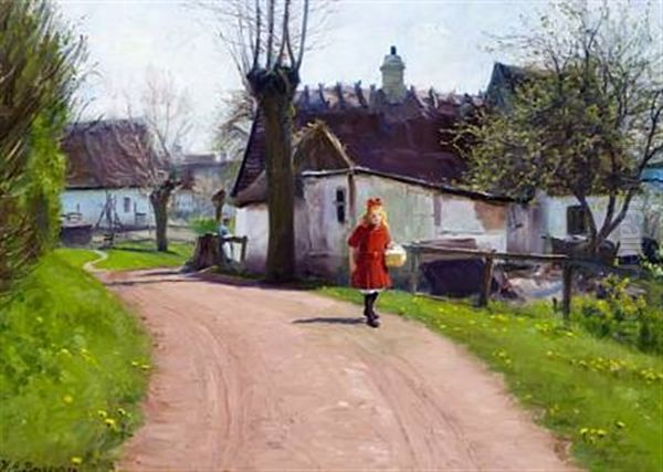 An Early Spring Day In The Village With A Little Girl In A Red Dress With Her Packed Lunch - view 1