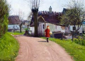An Early Spring Day In The Village With A Little Girl In A Red Dress With Her Packed Lunch by Hans Andersen Brendekilde