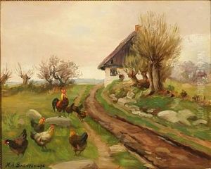 Summer Day On The Country With Free-range Chickens Near A Farmhouse by Hans Andersen Brendekilde