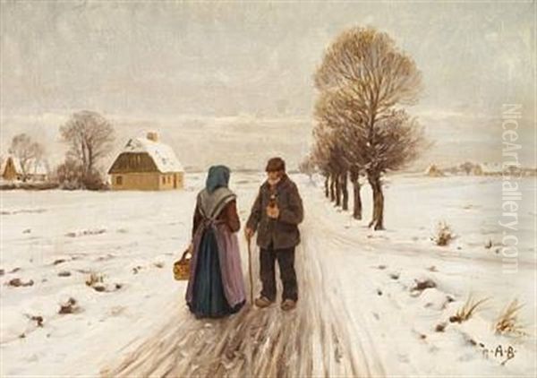 Winter Landscape With An Old Couple On A Road - view 1