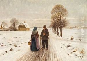 Winter Landscape With An Old Couple On A Road by Hans Andersen Brendekilde