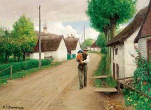 Grandfather With His Granddaughter Walking Down The Village Street
