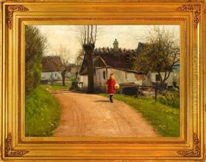 Girl With A Picnic Basket On A Village Road, Early Springtime