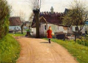 Girl With A Picnic Basket On A Village Road, Early Springtime