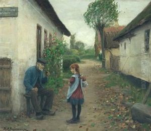 Scenery With Pipe Smoking Man And Young Girl