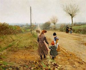The First Steps, Little Sister Gets Help From Her Big Sisters by Hans Andersen Brendekilde