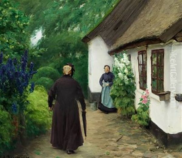 Two Women In Front Of A Cottage On A Summer Day - view 1
