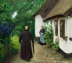 Two Women In Front Of A Cottage On A Summer Day Two Women In Front Of A Cottage On A Summer Day