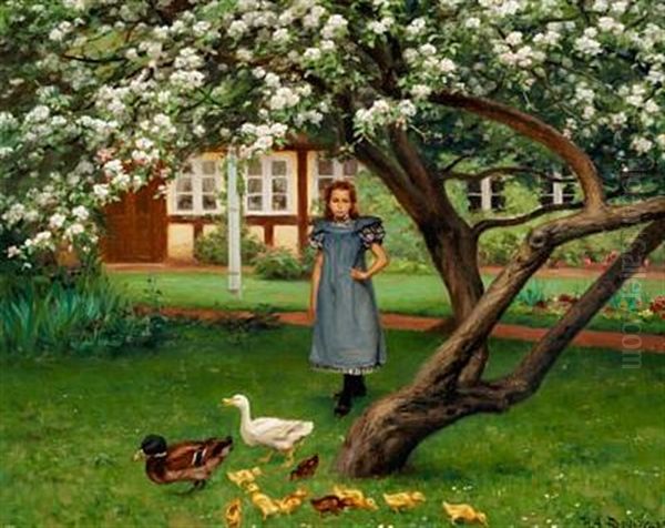 A Young Girl Standing Under An Apple Tree In Bloom - view 1