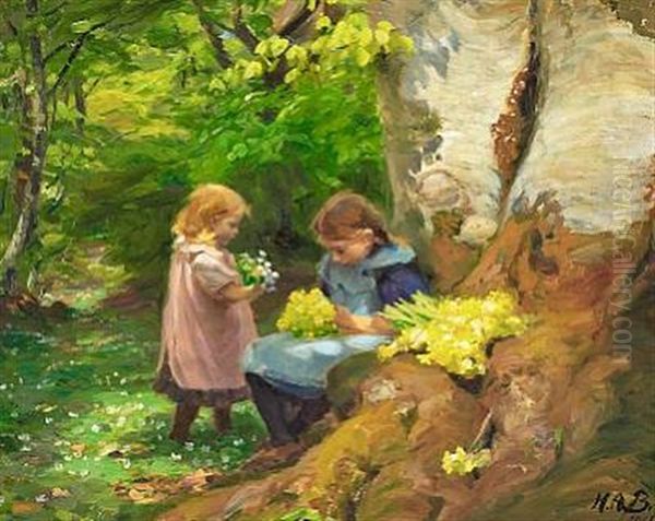 Springtime With Two Girls Picking Anemones And Primroses In Hunnerup Forest Near Odense - view 1