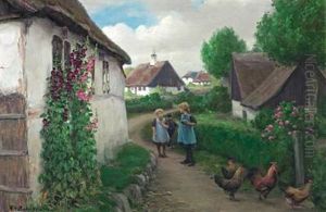 Country Street With Playing Girls And Hens by Hans Andersen Brendekilde