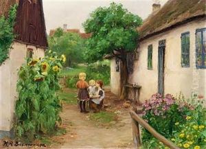 Legende Born Foran Et Bondehus, Til Venstre Blomstrende Solsikker by Hans Andersen Brendekilde