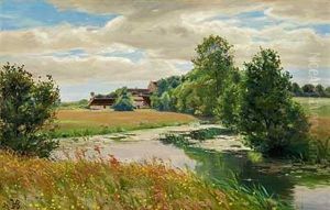 Sommerlandskab Med Kirke Og Huse Ved En A (fra Odense?)