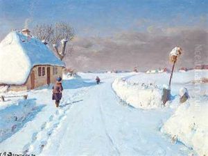 Solbeskinnet Landevej I Udkanten Af En Landsby, Vinter by Hans Andersen Brendekilde