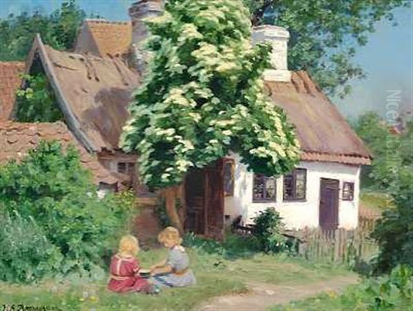 Sommerdag Med Legende Smapiger Foran Et Bondehus - view 1