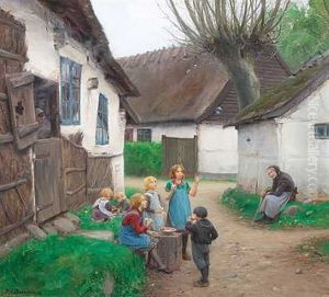 Landsbygade Med Bedstemor Og Born, Der Puster Saebebobler by Hans Andersen Brendekilde