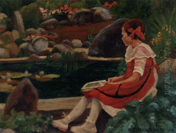 A Young Girl Seated By A Pond - view 1