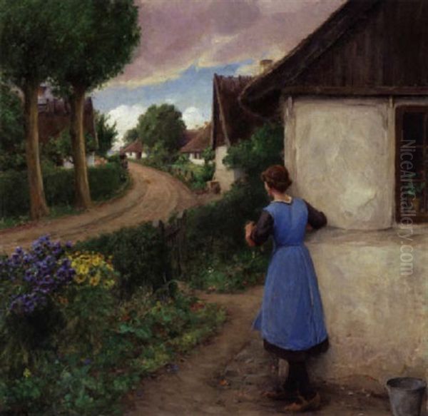 Landsbygade Med Pige, Der Holder Udkig Ved Et Hushjorne - view 1