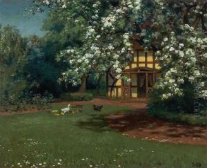 Haveparti Med Aender Under Blomstrende Traeer Haveparti Med Aender Under Blomstrende Traeer